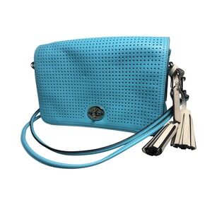 Coach Crossbody Robin Bag‎ Blue Perforated Leather Turnlock Tassel Purse Legacy